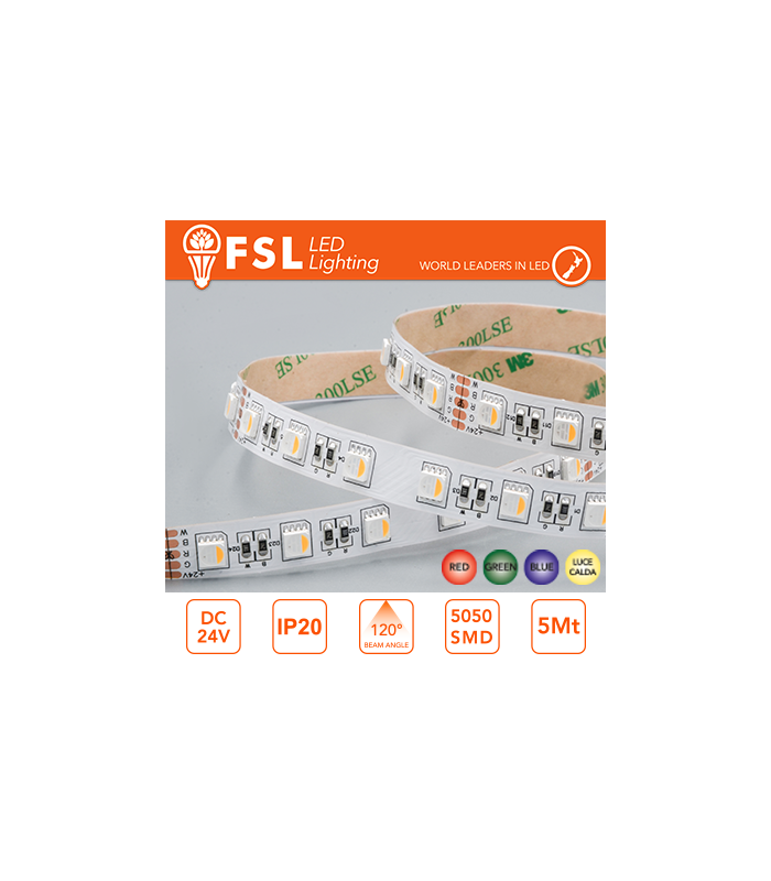 Tira LED 5m IP20 5050 24V 14W/m 60led/m RGB+W 3000 -