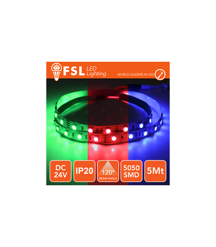 Tira LED 5m IP20 5050 24V 12W/m 60led/m RGB 1100l - ILUMINACION