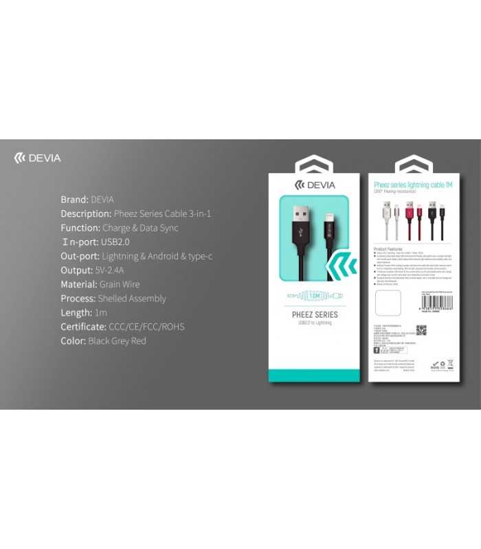 Pheez Series Cable Lightning (2.4A, 2M) Gris - MY PHONE DEVIA 